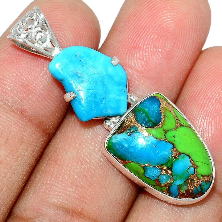 New - Blue and Green Mohave Turquoise 925 Sterling Silver Pendant With Chain