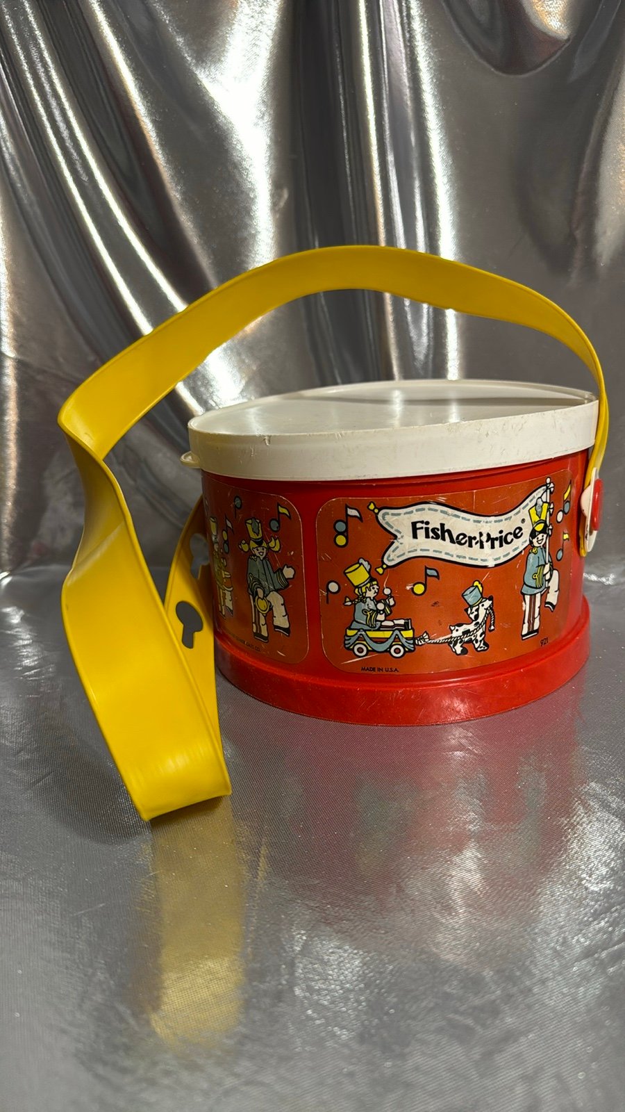 1979 Fisher Price Marching Band Drum with neck strap, Tambourine and Maracas