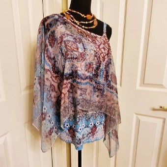 NWT One World 2pc TEAL Printed Sheer Chiffon Poncho Tank Blouse L Orig69+Tax