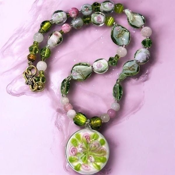 One of a Kind Art Glass & Pendant Necklace Murano Glass Quartz Gemstone 18k GP