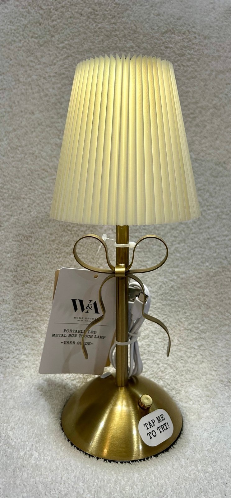 New with Tags W&A Portable Ivory Gold LED Metal Coquette Bow Touch Lamp