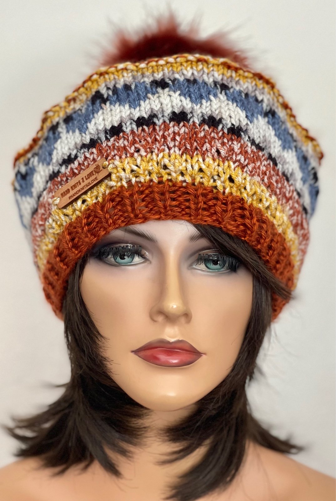 Hand Knits 2 Love Slouch Beanie Hat Cap Fair-isle Faux Fur Pom Pom Christmas
