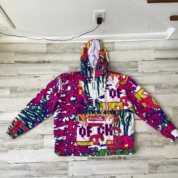PATRICIA RAE Men's Size XL Neon Print Windbreaker Jacket Hooded Long Sleeve