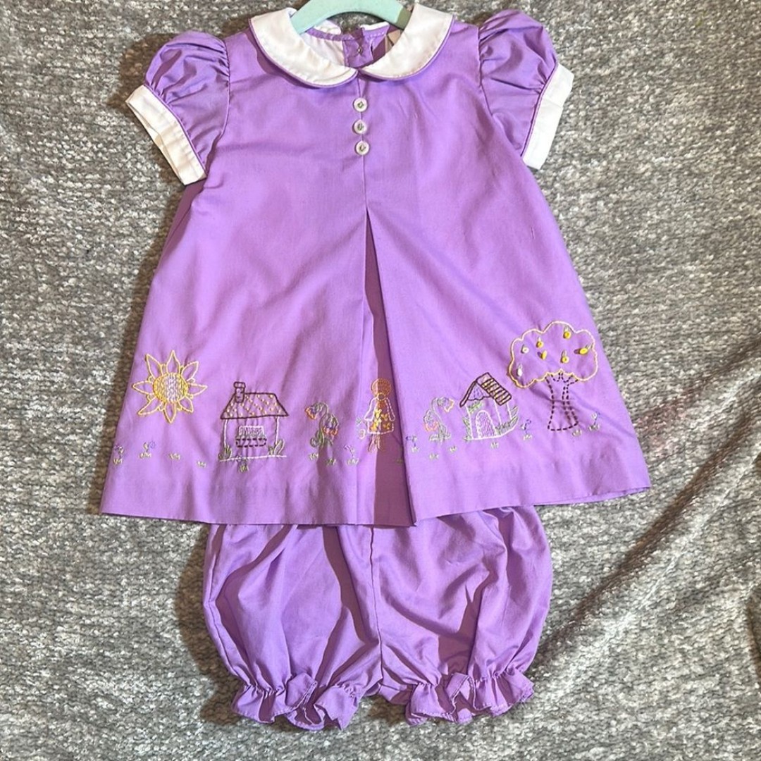The Proper Peony home sweet home purple embroidered dress with bloomers 24mo