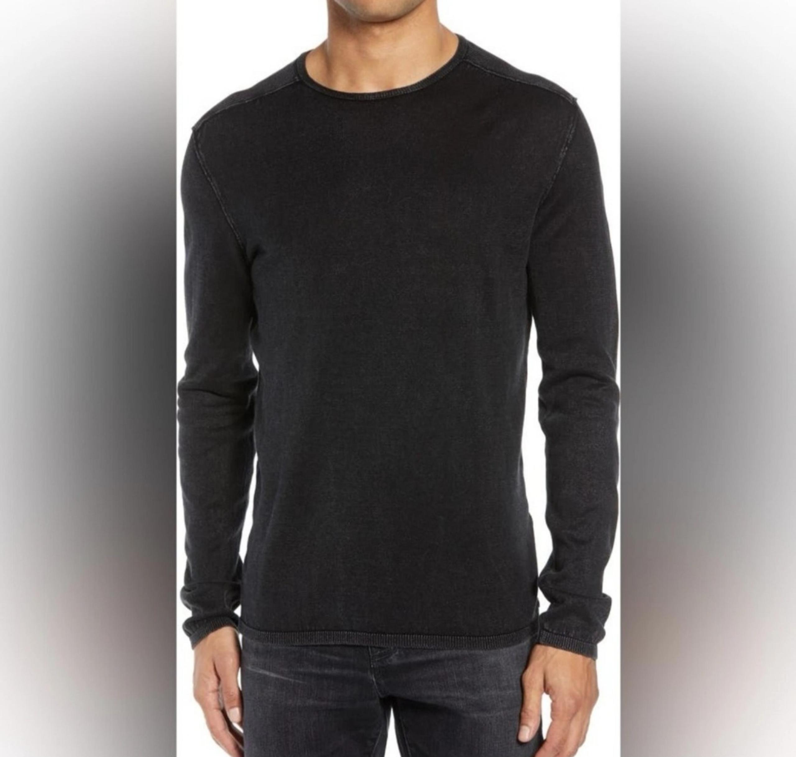 John Varvatos Walter Washed Cotton Long Sleeve Crewneck Sweater Black Gray Sz L