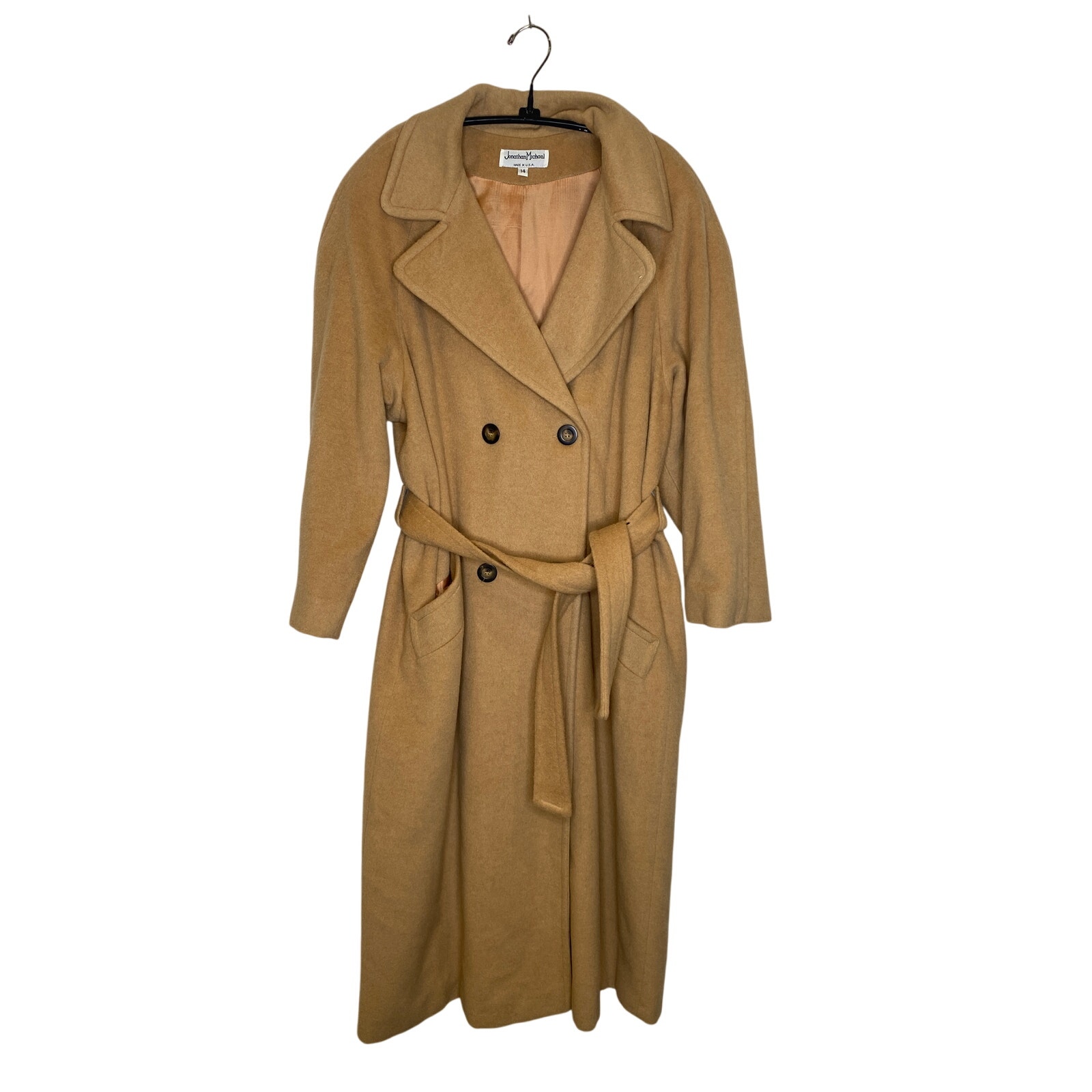 Jonathan Michael USA Camel Hair Trench Coat Buttons Belted Long Sleeve Sz 14