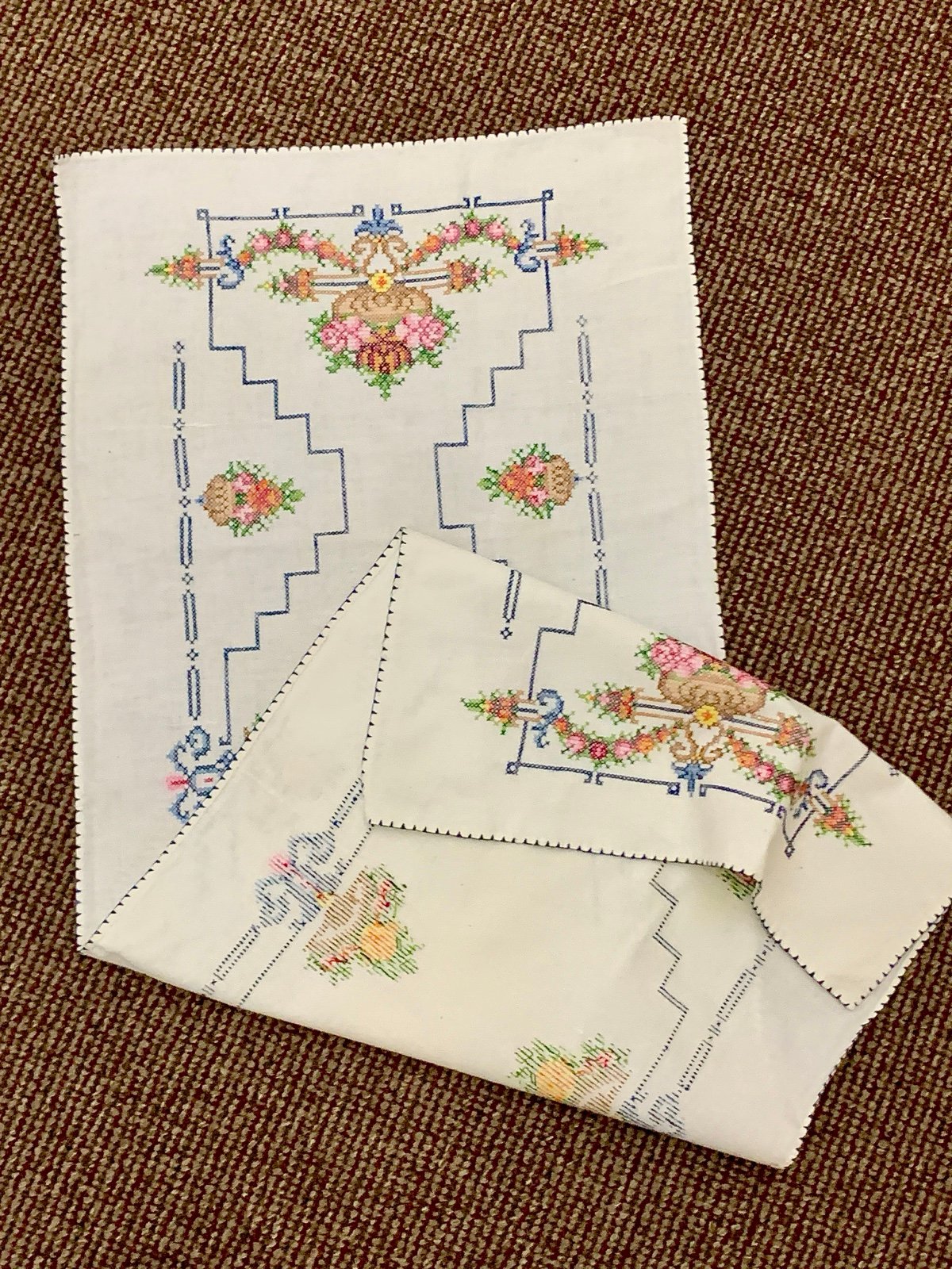 Mid Century Vintage Colorful Embroidered Cotton Linen Table Runner