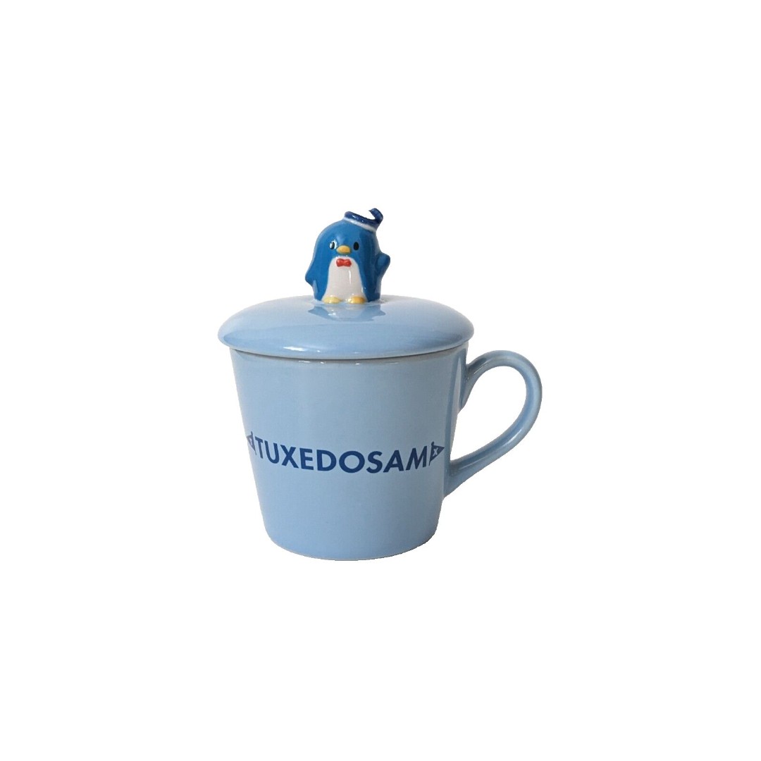 Vintage 1998 Sanrio Tuxedo Sam Penguin Blue Ceramic Mug w/ Lid Cute Kawaii Rare