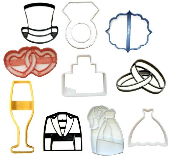 WEDDING CEREMONY BRIDE GROOM RING RECEPTION CAKE TOAST 10 COOKIE CUTTER 1326