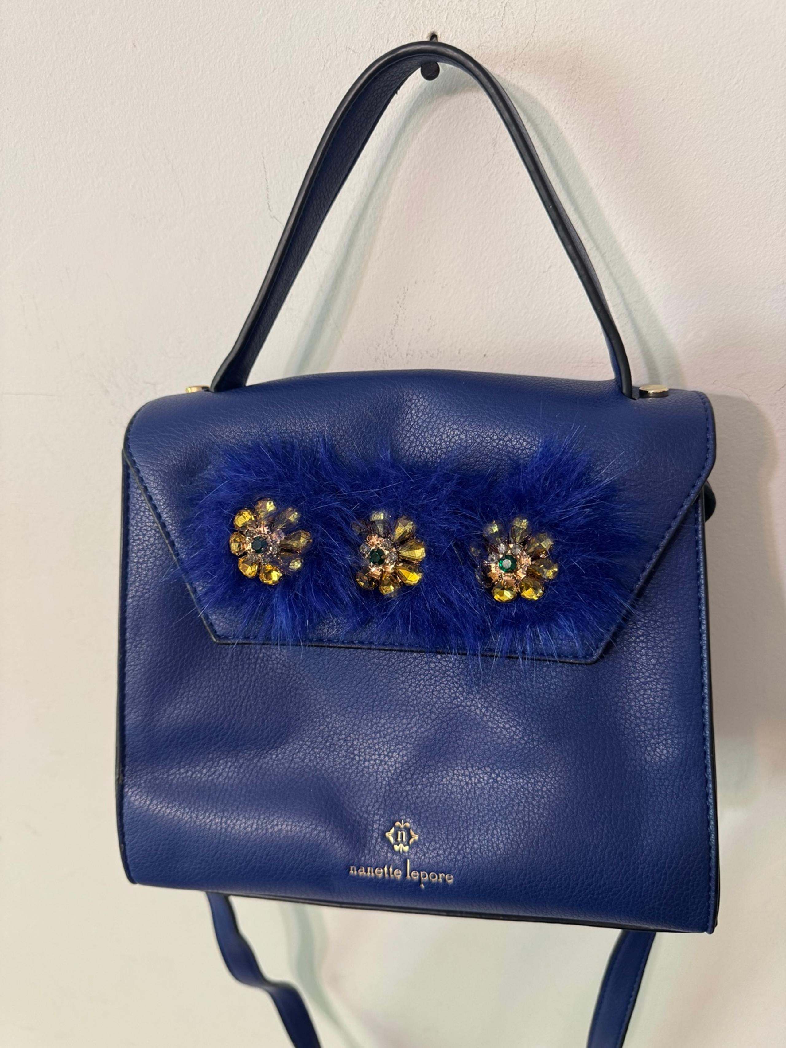 NANETTE LEPORE SAPPHIRE BLUE FUR/JEWELED TOP HANDLE BAG