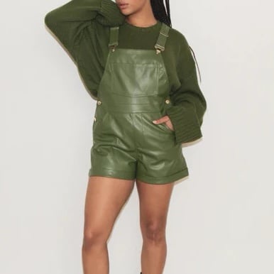 NWT WeWoreWhat Green Vegan Leather Short Overalls