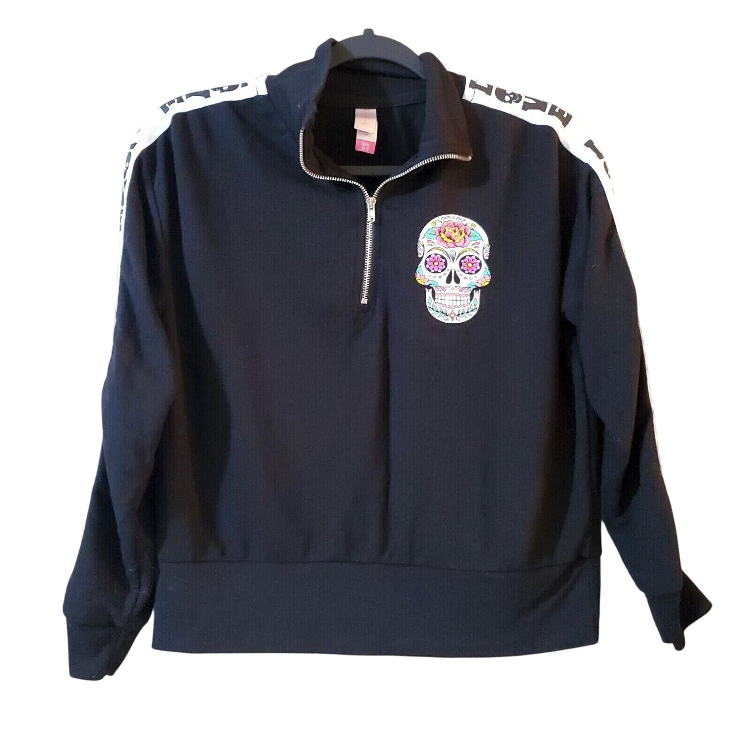 No Boundaries Womens Pullover Sweatshirt Size S 3-5 Black Sugar Skull 1/4 Zip