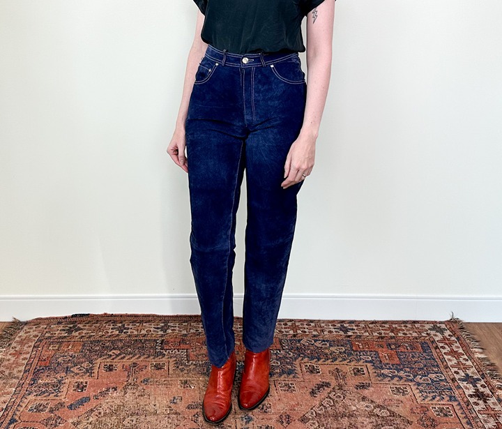 Vintage 80s Simon Guerra French Real Suede Indigo Dyed Denim-Look Pants - 29