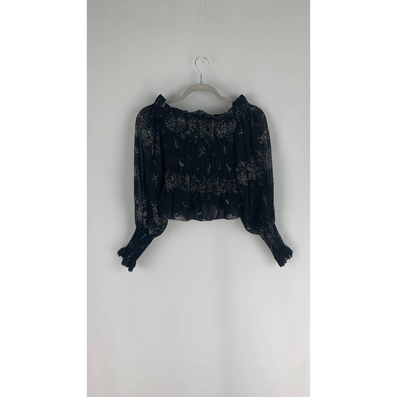 AllSaints Lara Initium Top shops Black Womens Size 0 Off The Shoulder Ruffle Smocked