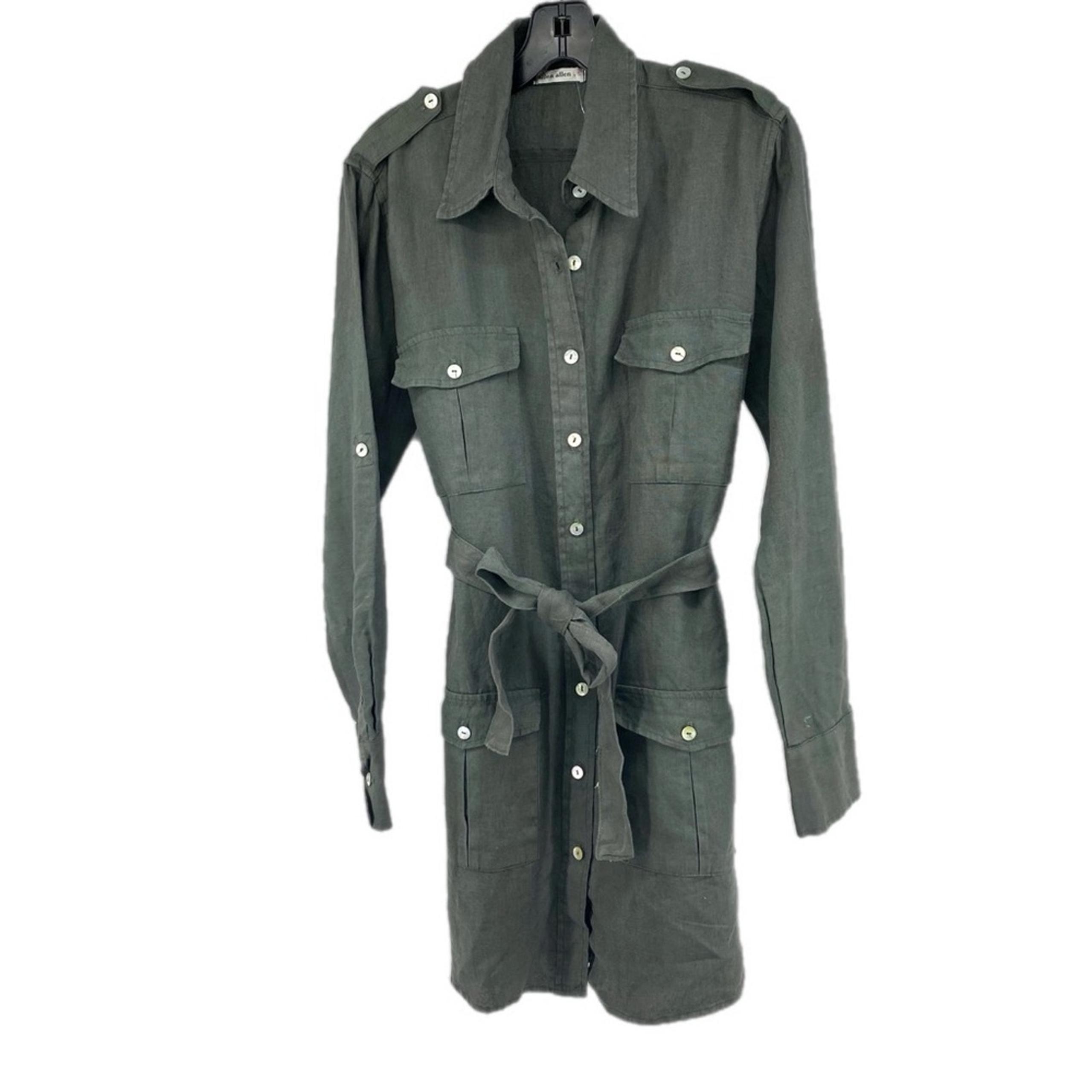 Allen Allen Linen Shirt Dress Small New Olive Long Sleeve Button Down