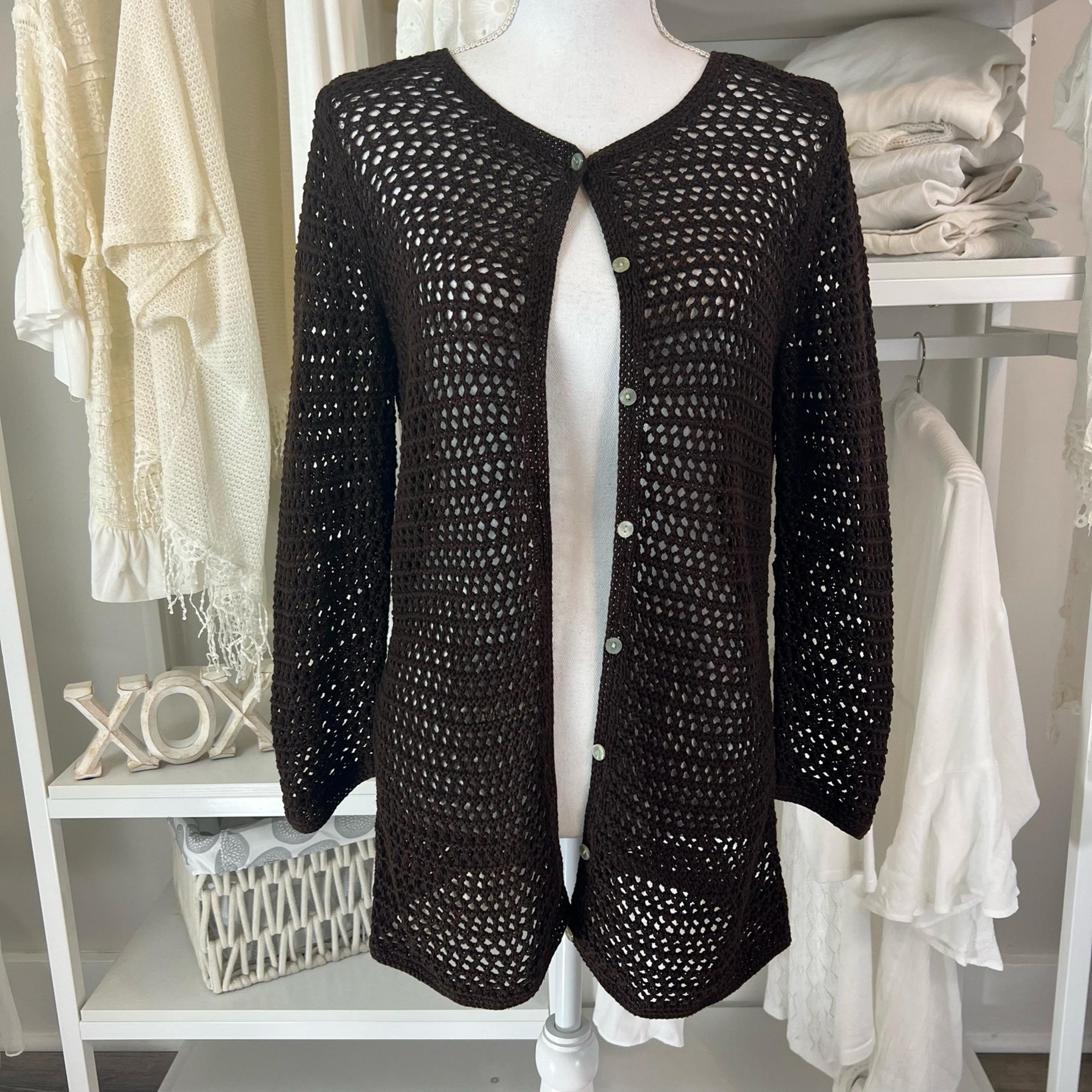 Eddie Bauer women's size medium crochet knit brown cardigan. casual, work 1142