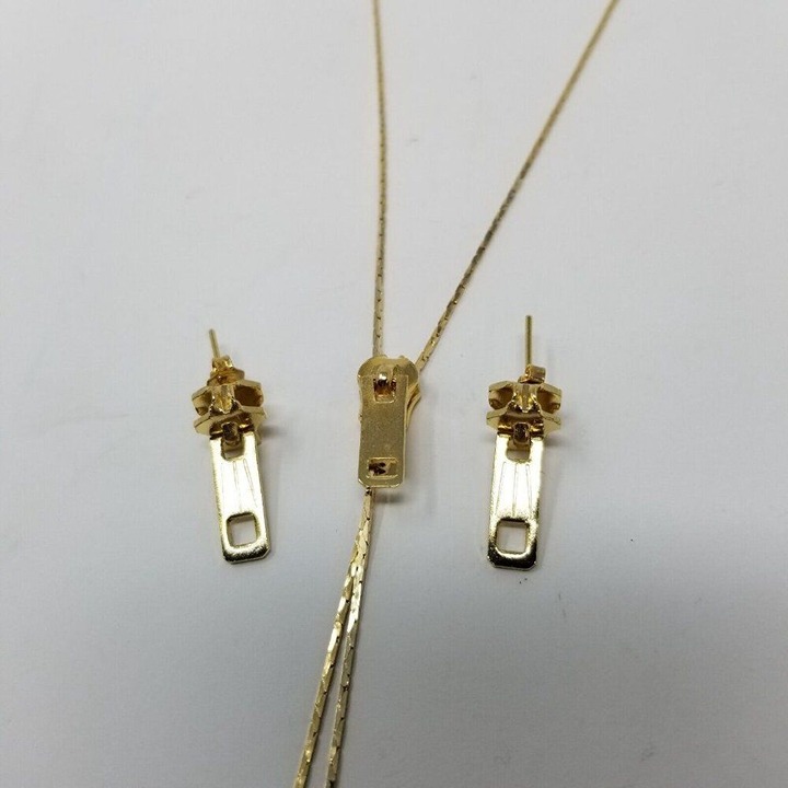 Gold Tone Zipper Slide Chain Lariat Necklace 30 and Matching Earrings Set