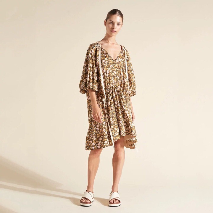 600 NWOT Lee Mathews Ariel Puff Sleeve Tunic Floral Dress Over Size Linen Silk