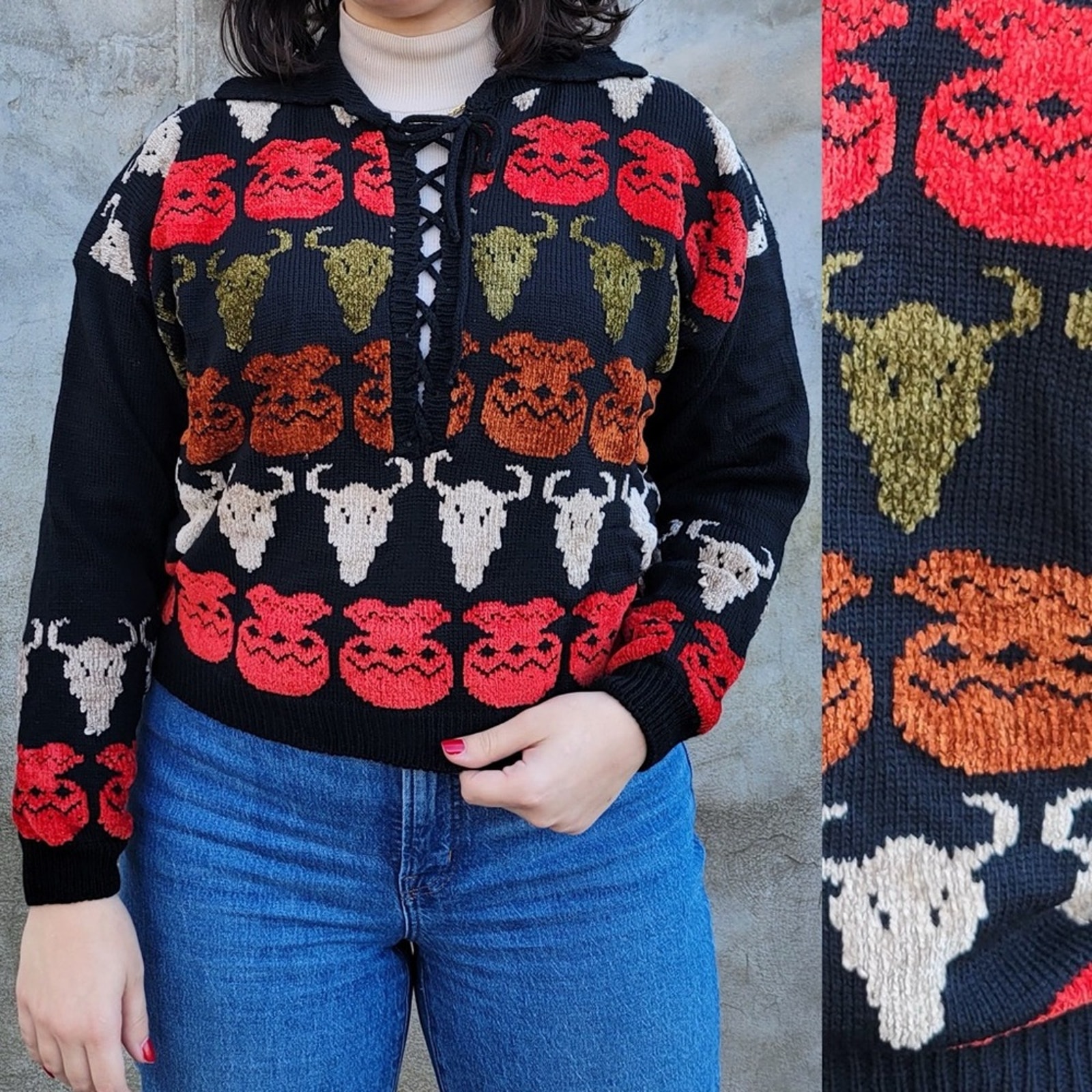 Vintage Western Longhorn Skull Chenille Embroidered Shawl Collar Sweater Texas