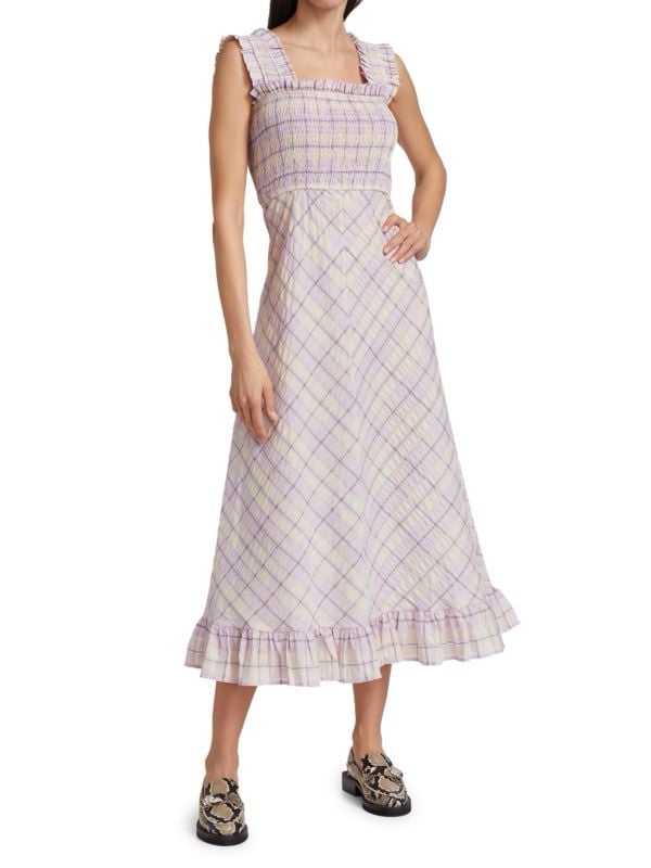 GANNI Seersucker Check Smocked Midi Dress in Lilac Orchid Bloom NWT Size 36 (2)