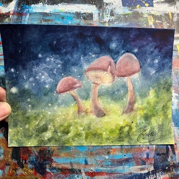 Mushroom Watercolor Painting Original Art Glowing Fungi Forest Artwork