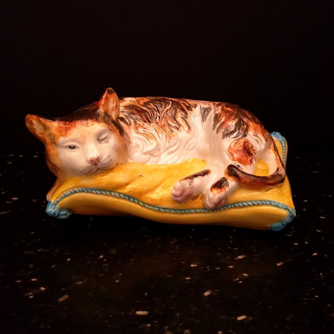 Calico Kitten Cat Sleeping on Pillow Italy Ceramic Vintage