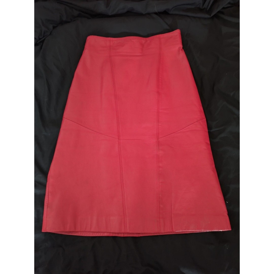 VTG Red Leather Pencil Skirt Wilson Sz 6 Lined High Waist 1980s 80s Vintage