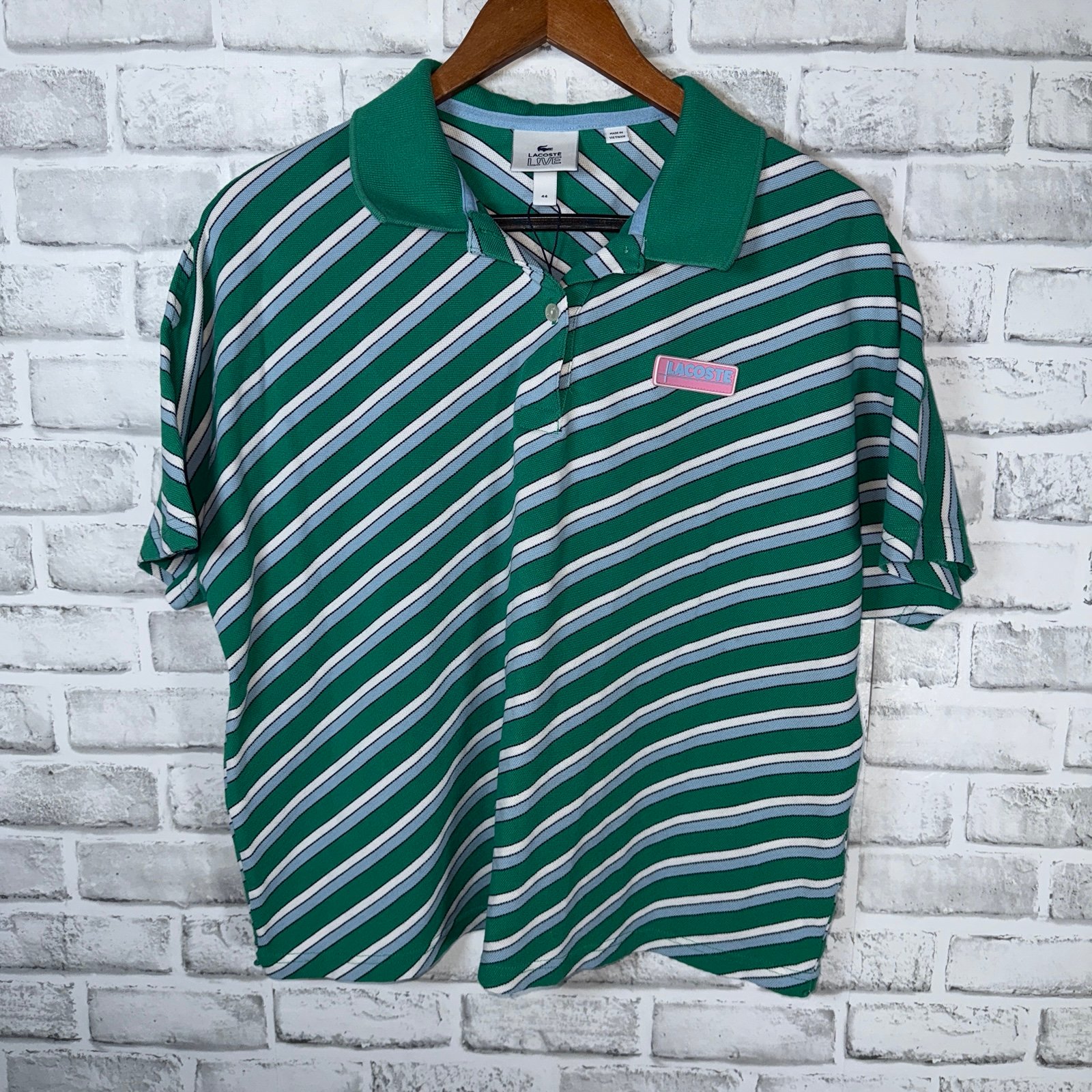 Lacoste Live Womens Cotton Striped Print Buttoned Polo Top Green Size XL 12 EUR