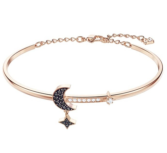 Women's Moon Bracelet, Rhodium Plated Link with Crystal Pearls and Dark Crystal