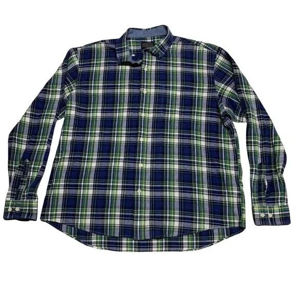 Long Sleeve Button Down Mens Size XL Plaid Lightweight Blue Cotton