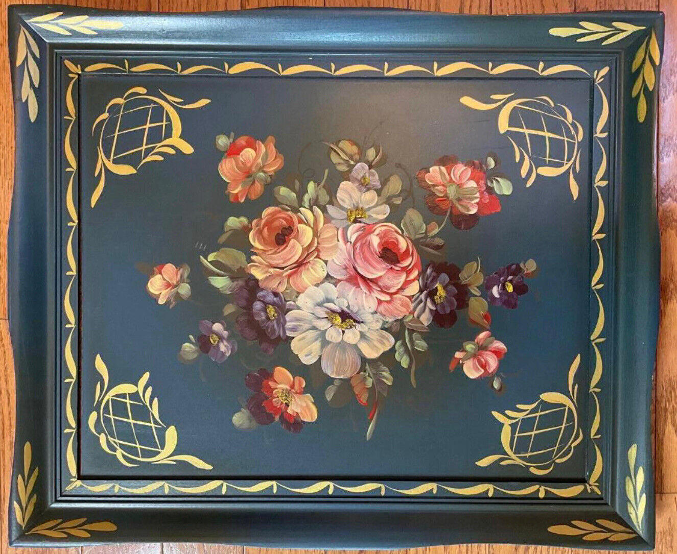 Ornate Large Antique 24.5 Blue Wooden Toleware Hand Painted Serving Tray. Mint