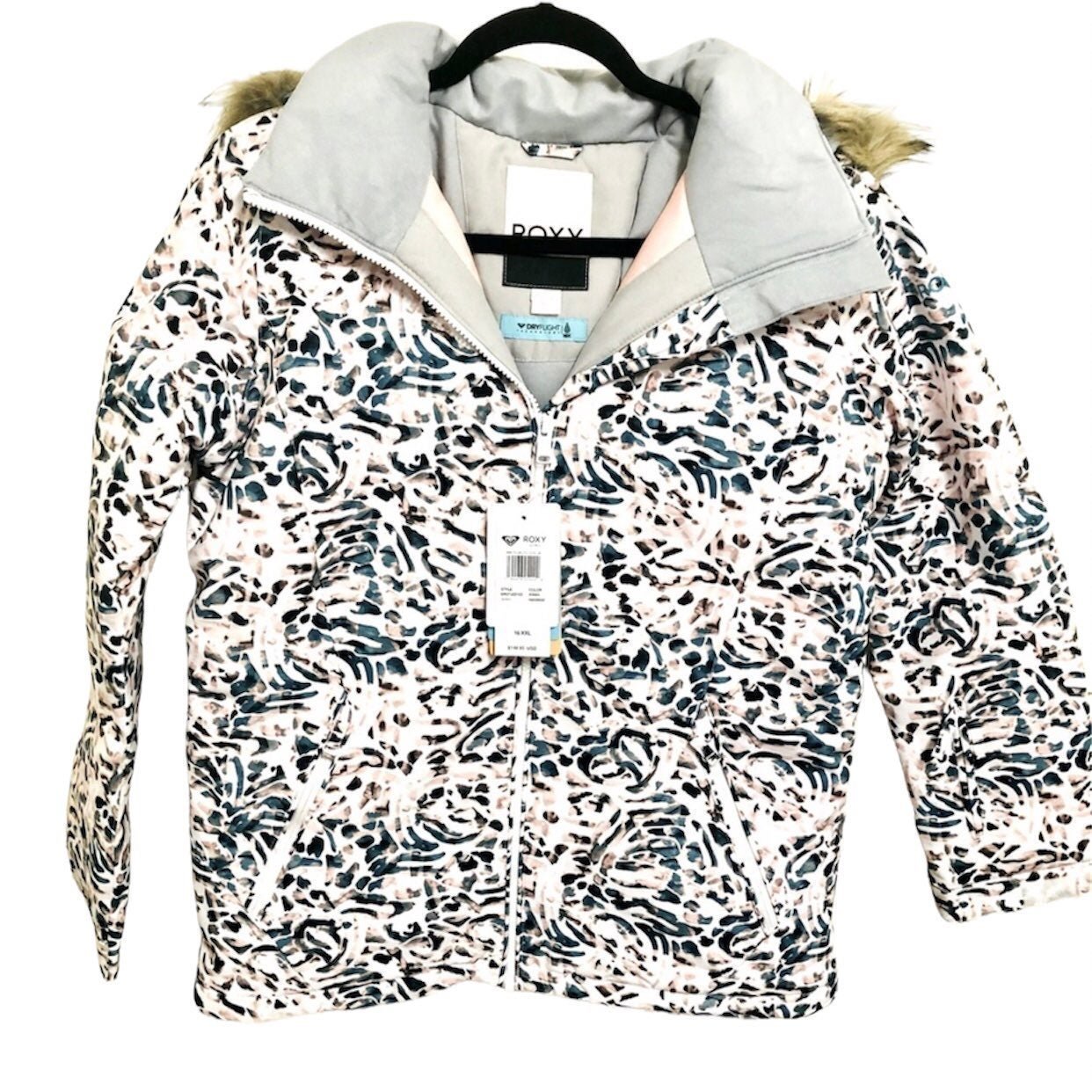 Roxy Abstract Faux Fur Trim Dry Flight Technology Parka Size 16 XXL NWT