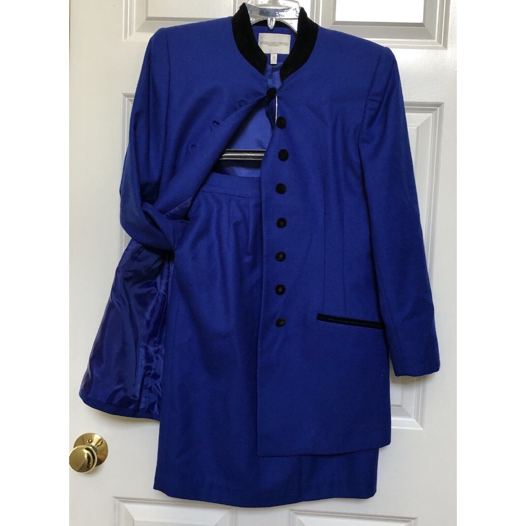 AMANDA SMITH PETITE SIZE 6 PURE WOOL SKIRT SUIT BLUE AND BLACK VELOUR CAREER