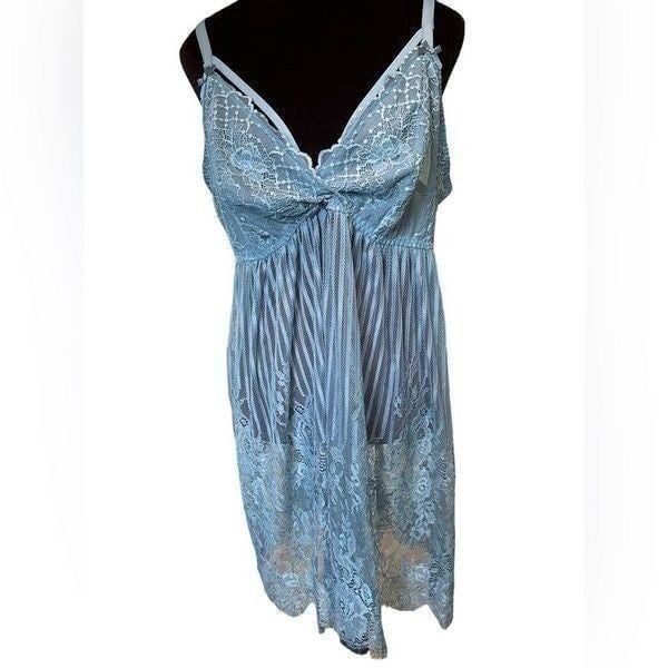NEW Cacique Steel Blue All Over Sheer Lace Caged Babydoll Lingerie Slip Dress