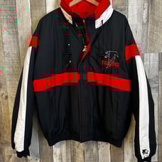 Vintage 1990’s Atlanta Falcons Starter NFL Black Red Puffer Jacket Hooded XL VTG