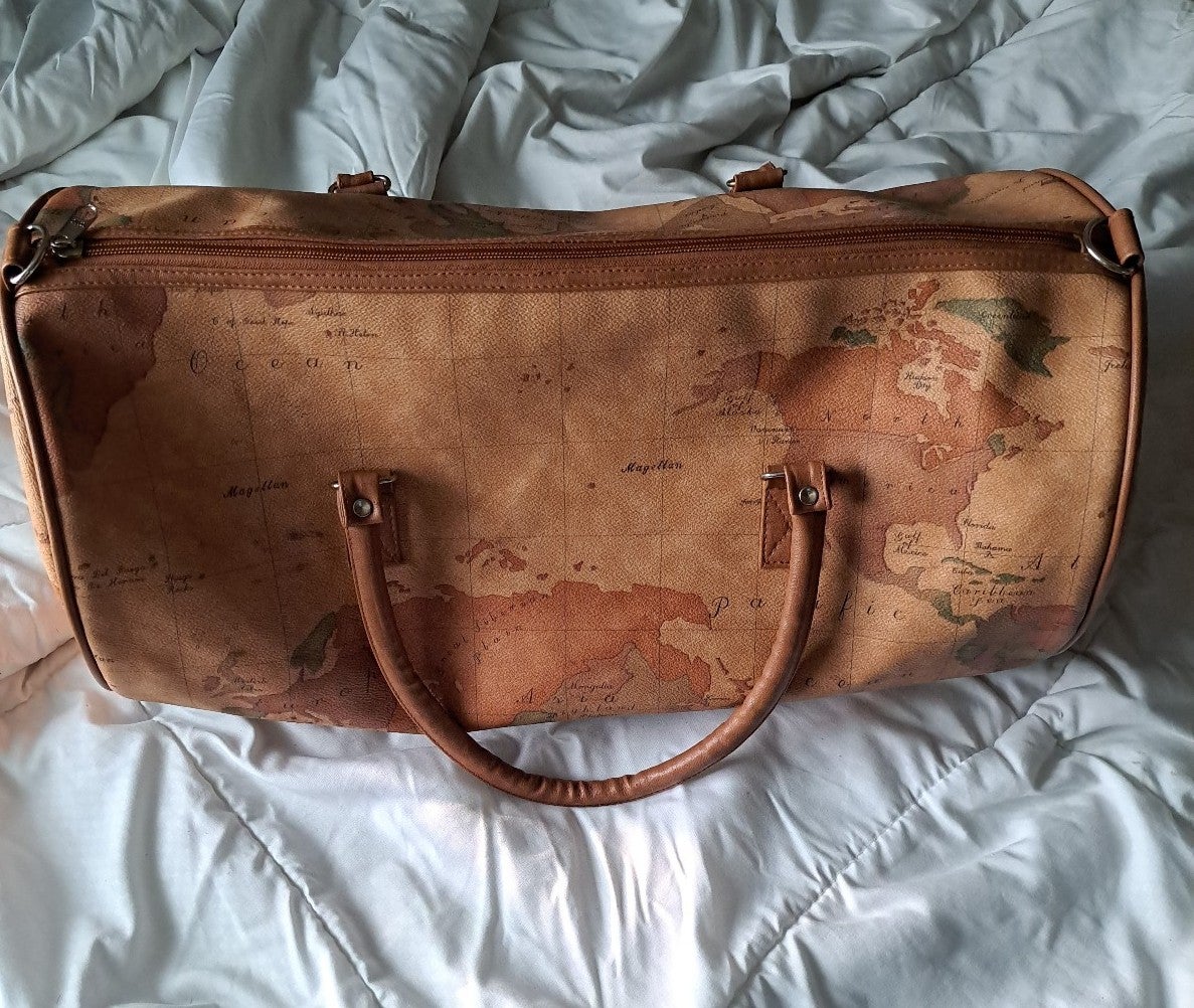 World map vintage duffle bag