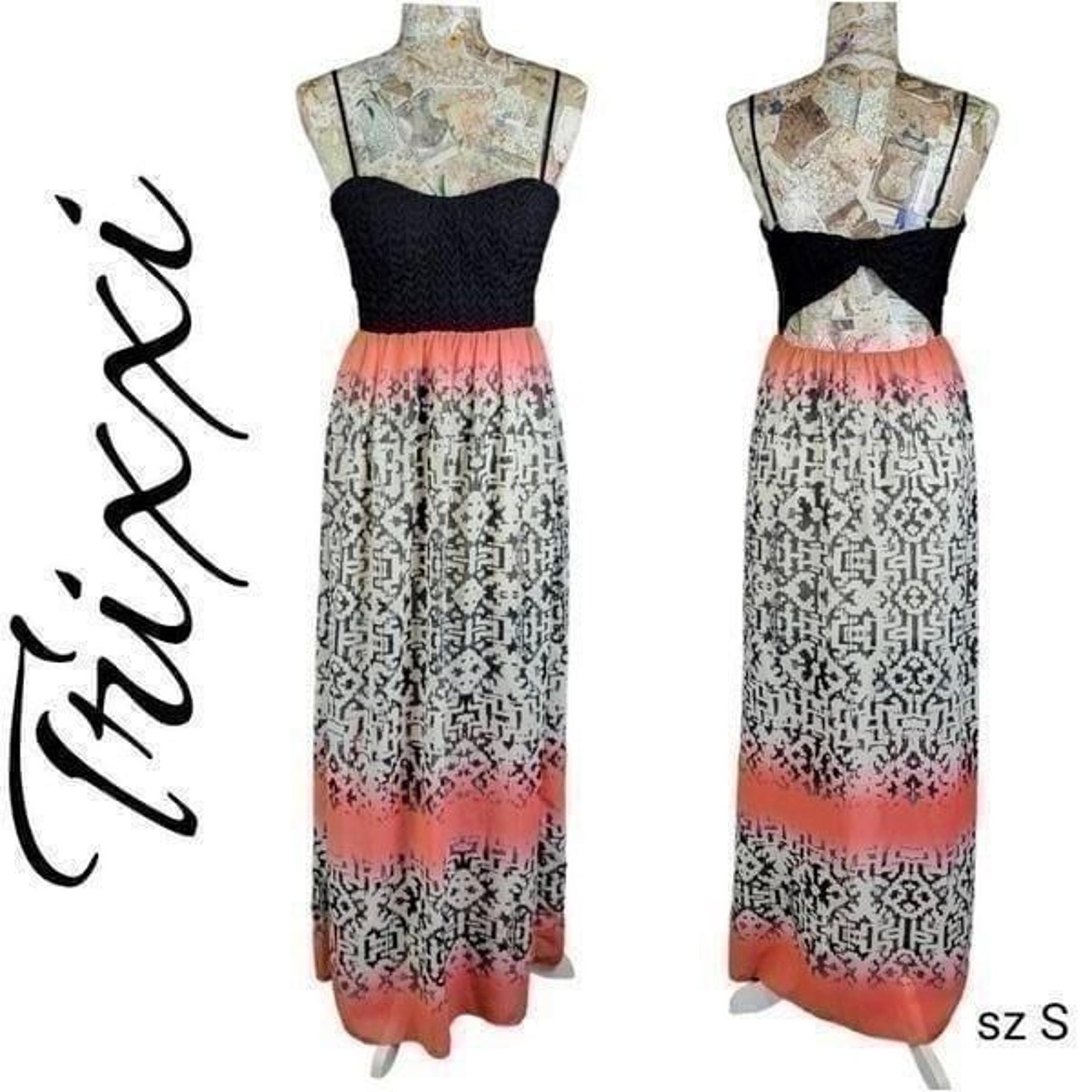 Trixxi Black Sweetheart Stretch Knit Bodice Flowy Sunset Skirt Open Back Dress