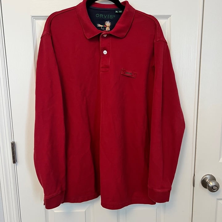 Orvis Vintage Men's Red Reinforced Cotton Long Sleeve Polo Shirt Size XL Tall