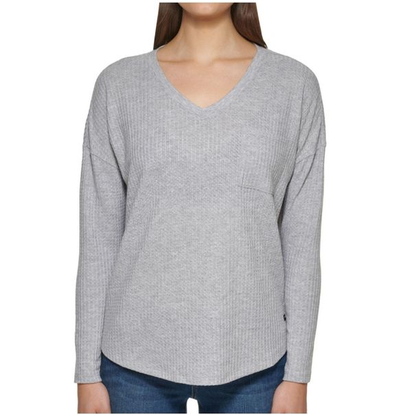supply quality product Gray Klein Calvin Honeycomb Top Sleeve Long Knit Waffle Women supply quality product Gray Klein Calvin Honeycomb Top Sleeve Long Knit Waffle Women