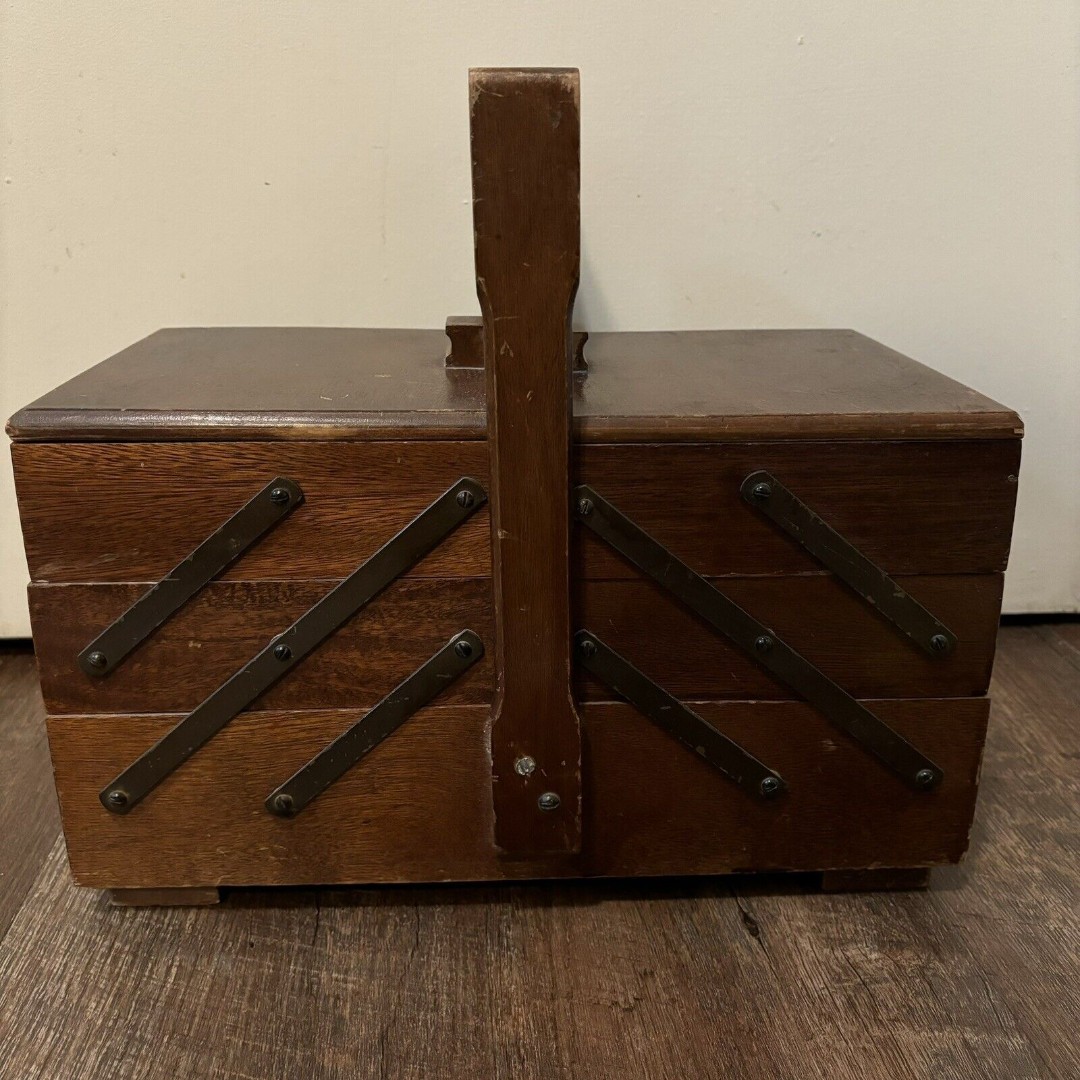 Vintage Mid Century Modern Accordion Wood Sewing Box READ