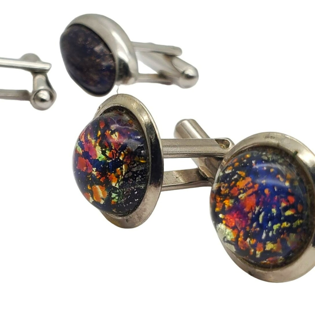 Blue Goldstone & Confetti Foil Cufflinks Silver Tone Art Glass Vintage Shields