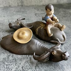 VTG Chinese Yixing Purple Clay Figurine Set Water Buffalo & Herd Boy Sculptures