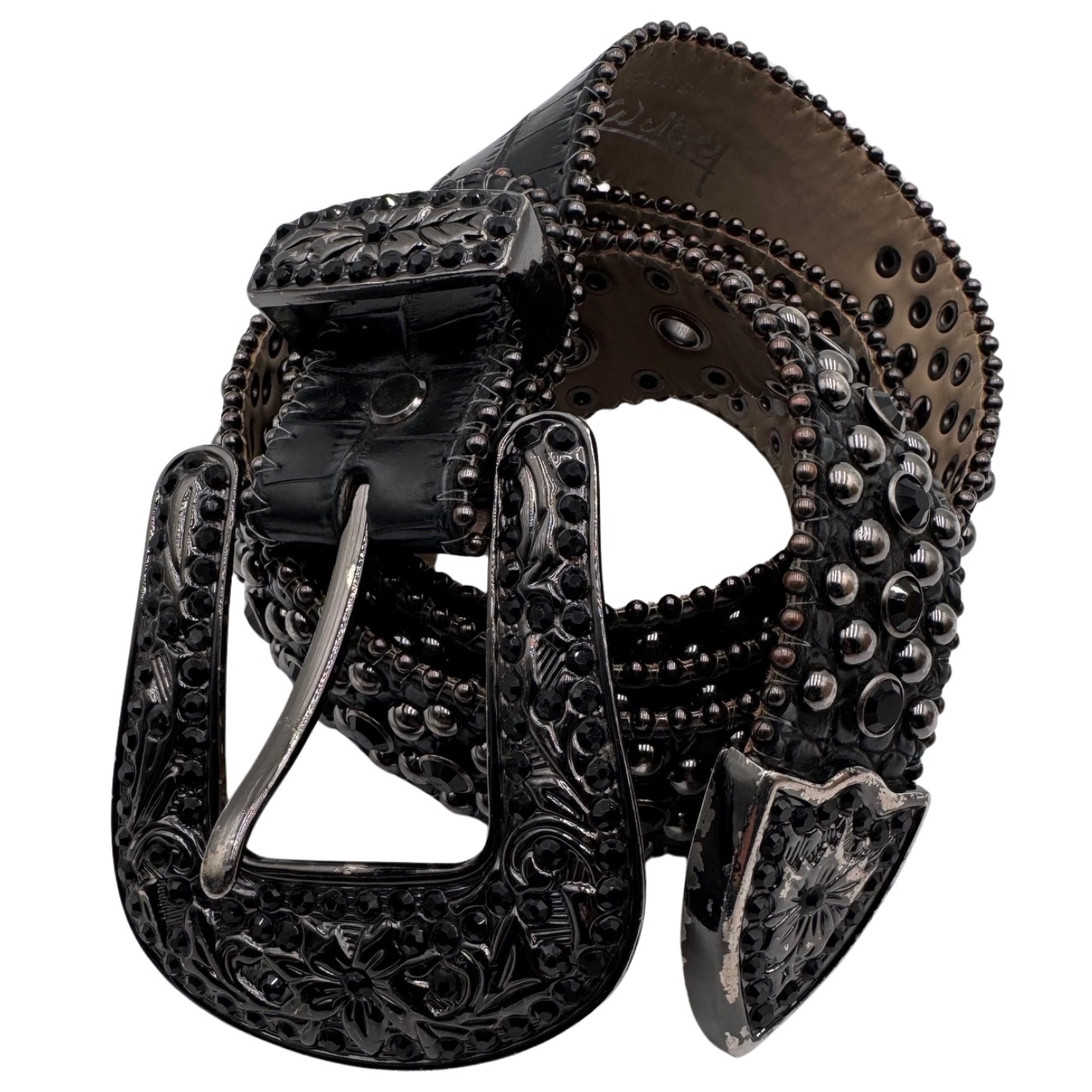 Karma Belt Croc Embossed Genuine Leather Black Rhinestone Stud Large Y2K Western
