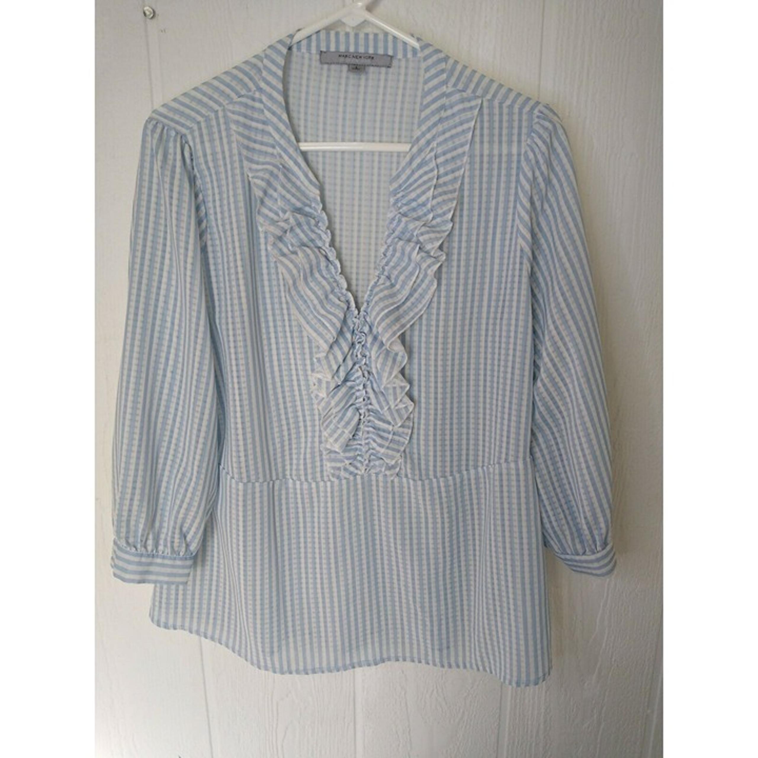 Marc New York Andrew Women Striped 3/4 Sleeve Light Blue White Ruffle Blouse L