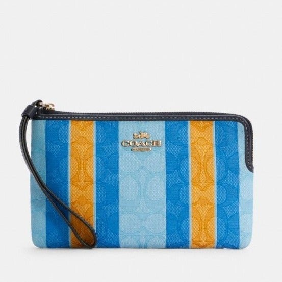 Coach Blue and Yellow Stripes wristlet.