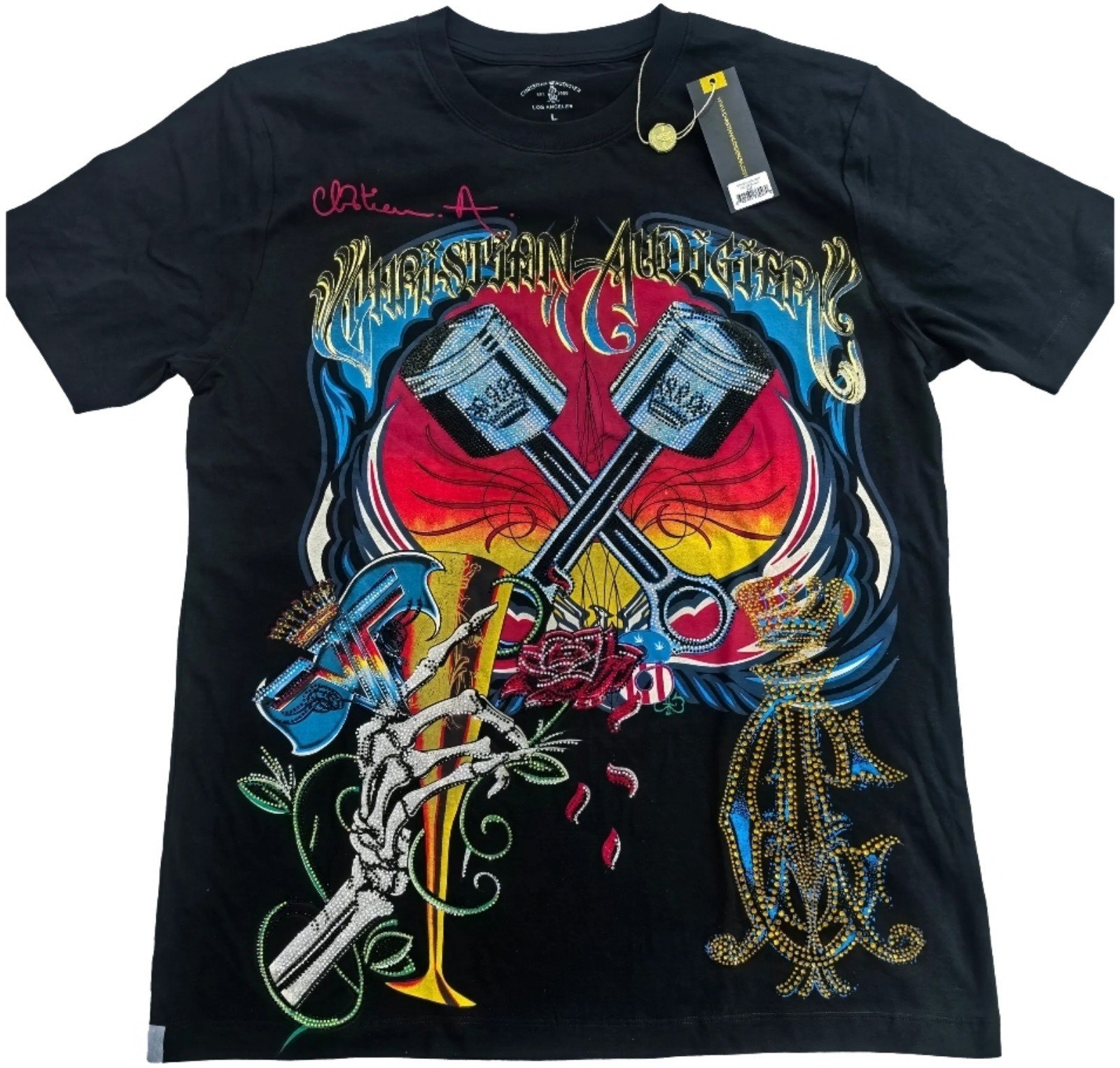 Christian Audigier VF and Rhinestones Print Short Sleeve T-Shirt.