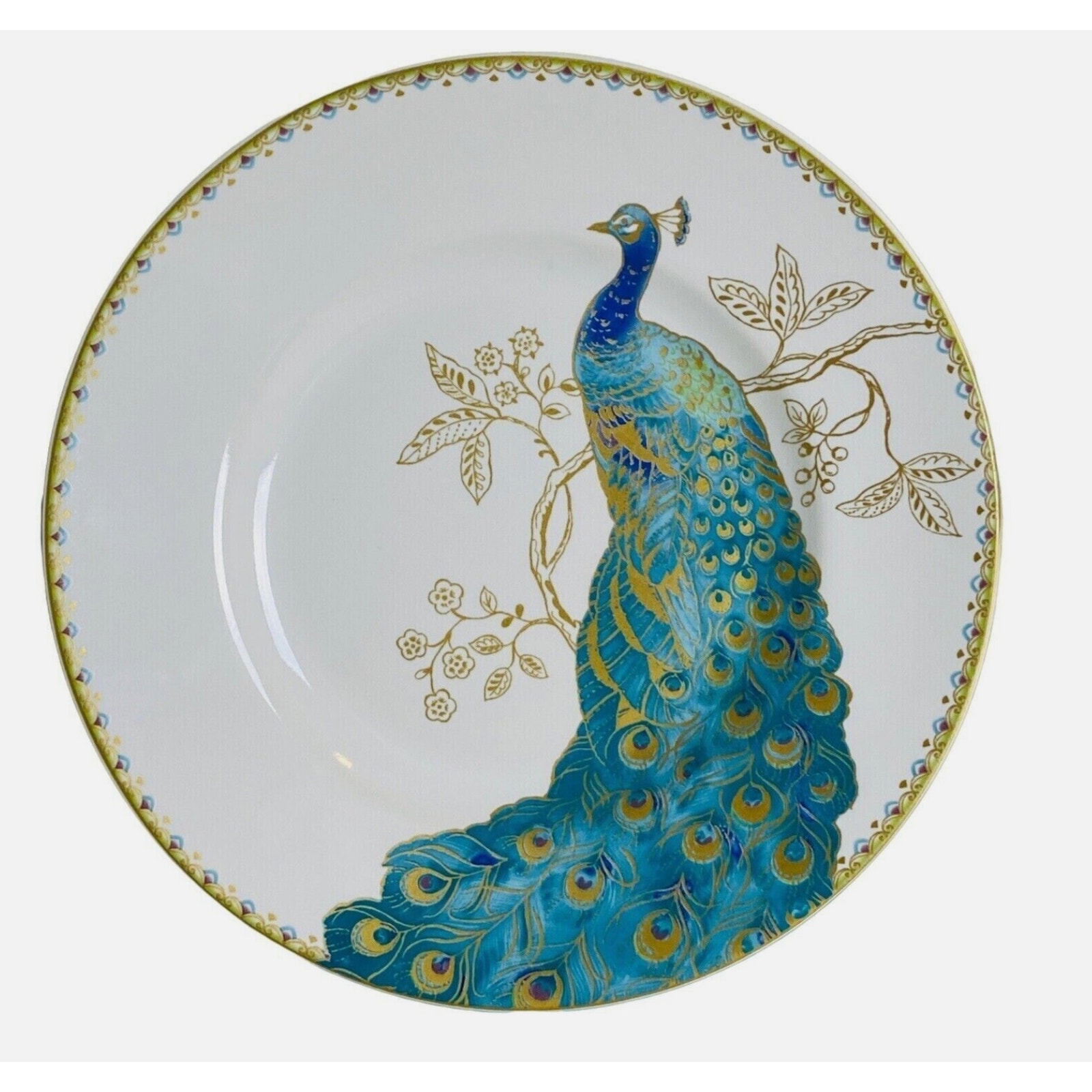 4pc 222 FIFTH Peacock Garden Porcelain Salad Plate Set Teal Gold Floral Scroll