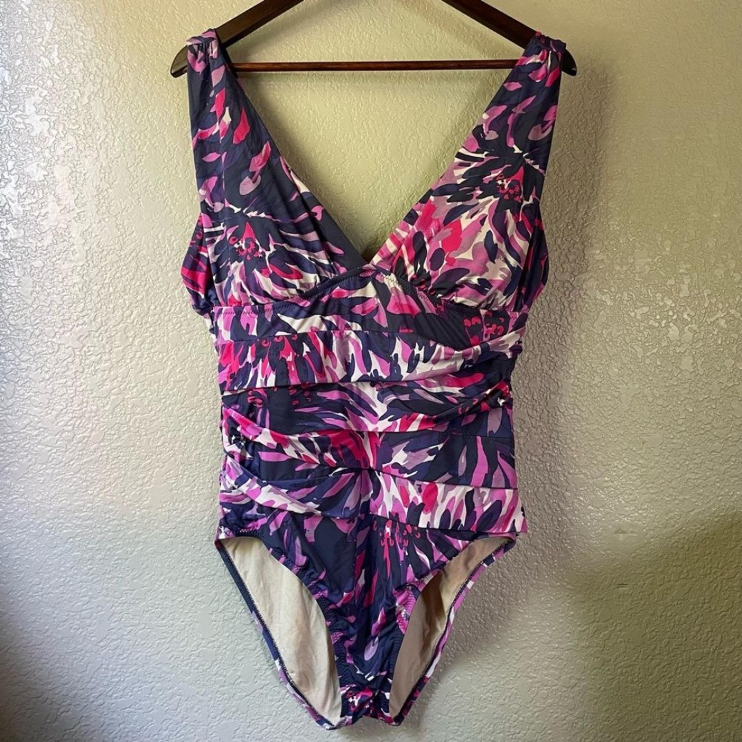 Garnet Hill Womens Purple Ruched One Piece Swimsuit 14 Tropical Vacation Resort