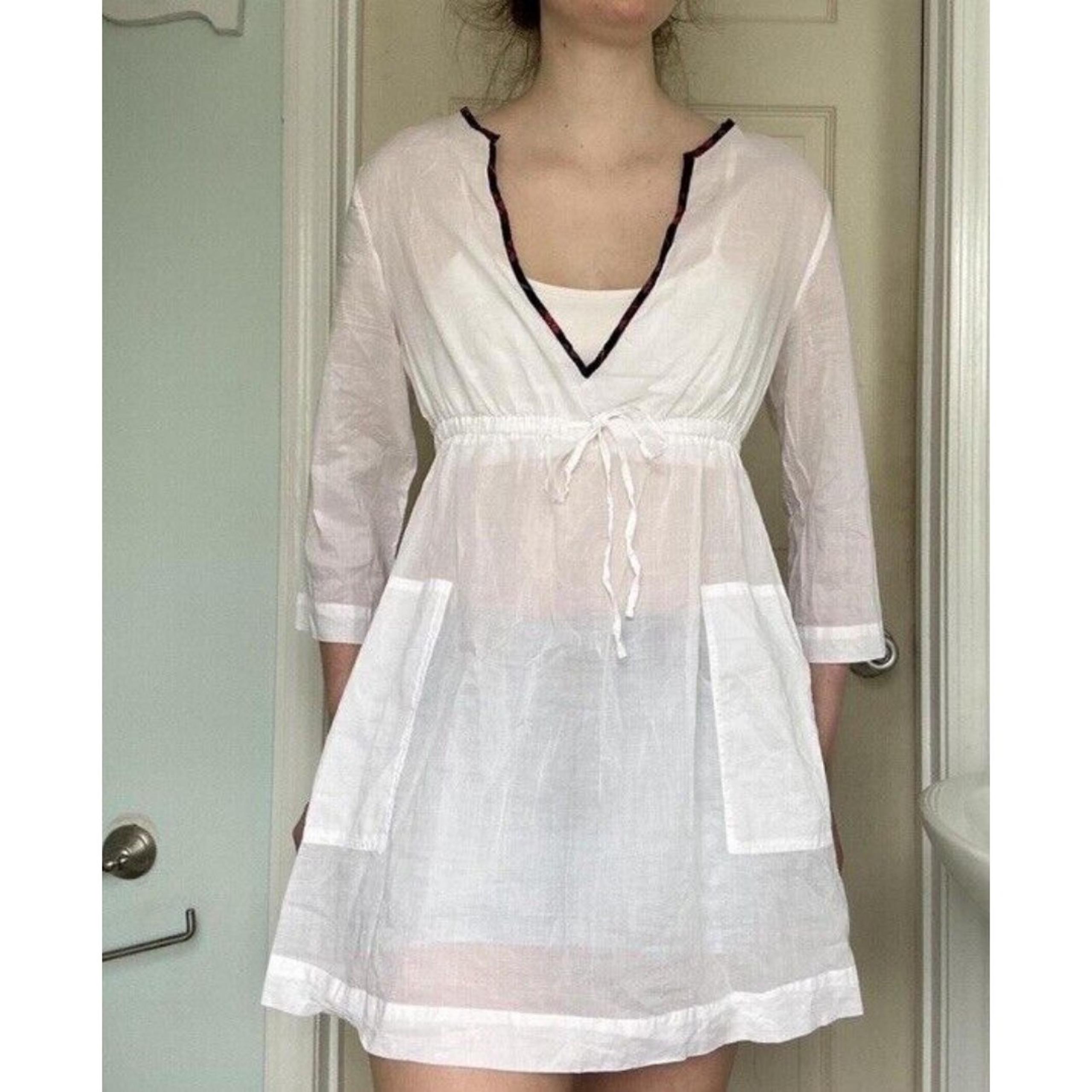 Y2K Converse Mini Baby Doll Dress  White Sheer Cotton Big Pockets Largenlook - L