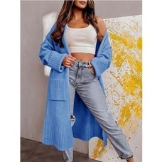 Blue Open Front Knit Oversized Cardigans Duster Coat with Pockets